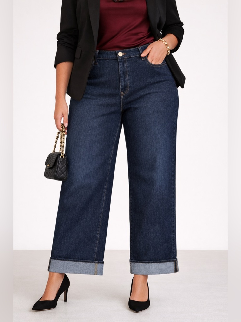 Nine West Wide Leg Jeans Women Size 16 Dark Wash Cuffed Hem Denim